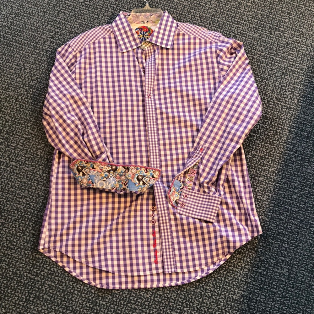 Robert Graham purple and white checkered shirt.